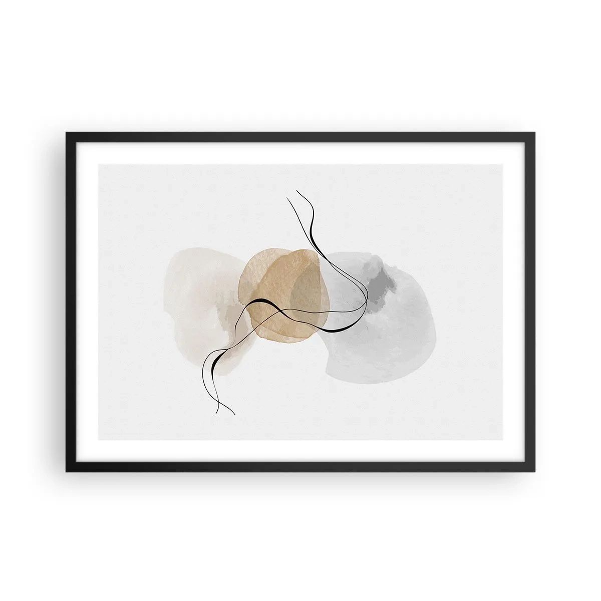 Plakat w czarnej ramie - Minimalistyczna abstrakcja w odcieniach beżu i szarości - 70x50cm - Powietrzne paciorki - Nowoczesna dekoracja ścienna do salonu i sypialni ARTTOR