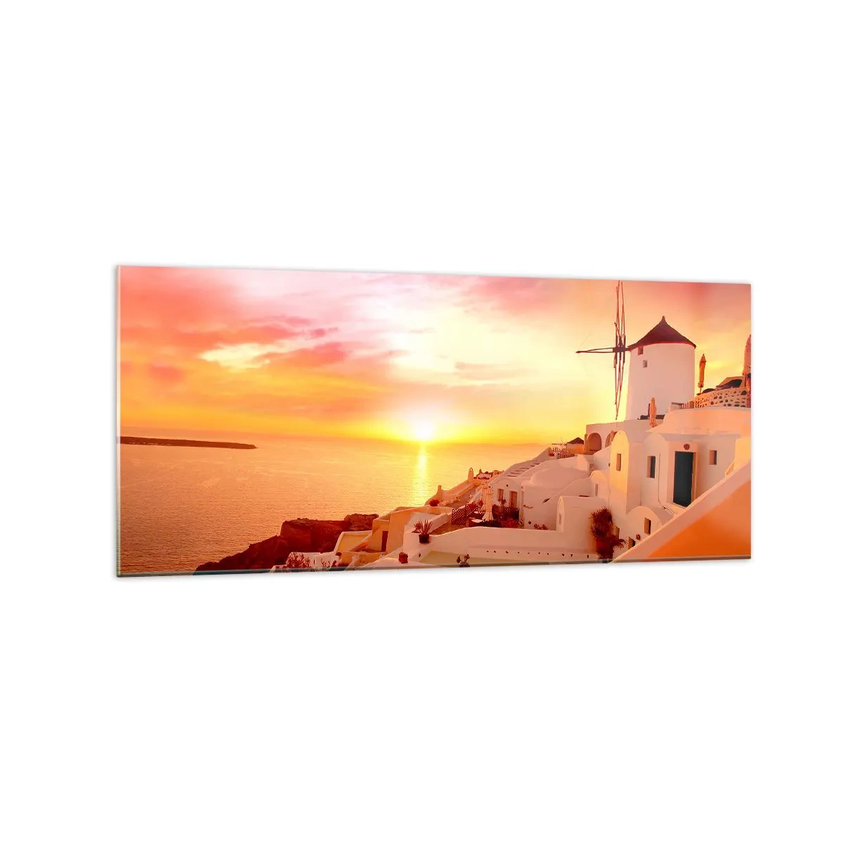 Obraz na szkle - Santorini o zachodzie słońca z wiatrakiem - 120x50cm - Rozpłynąć się w bieli i złocie - Nowoczesna dekoracja ścienna do salonu i sypialni ARTTOR