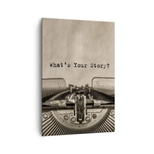 Obraz na płótnie - Maszyna do pisania z napisem What’s Your Story? - 70x100cm - Opowiedz mi - Nowoczesna dekoracja ścienna do salonu i sypialni ARTTOR