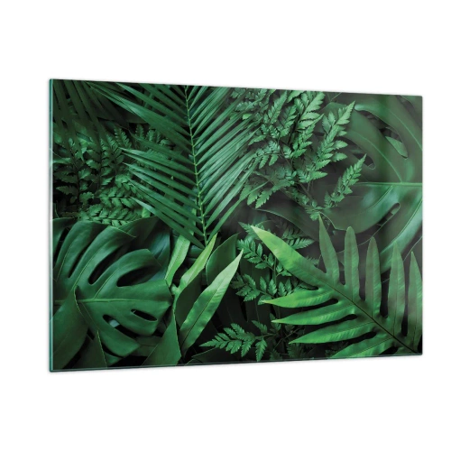 Obraz na szkle - Gęste zielone liście tropikalnych roślin w kompozycji - 120x80cm - Utulone w zieleni - Nowoczesna dekoracja ścienna do salonu, kuchni i sypialni ARTTOR