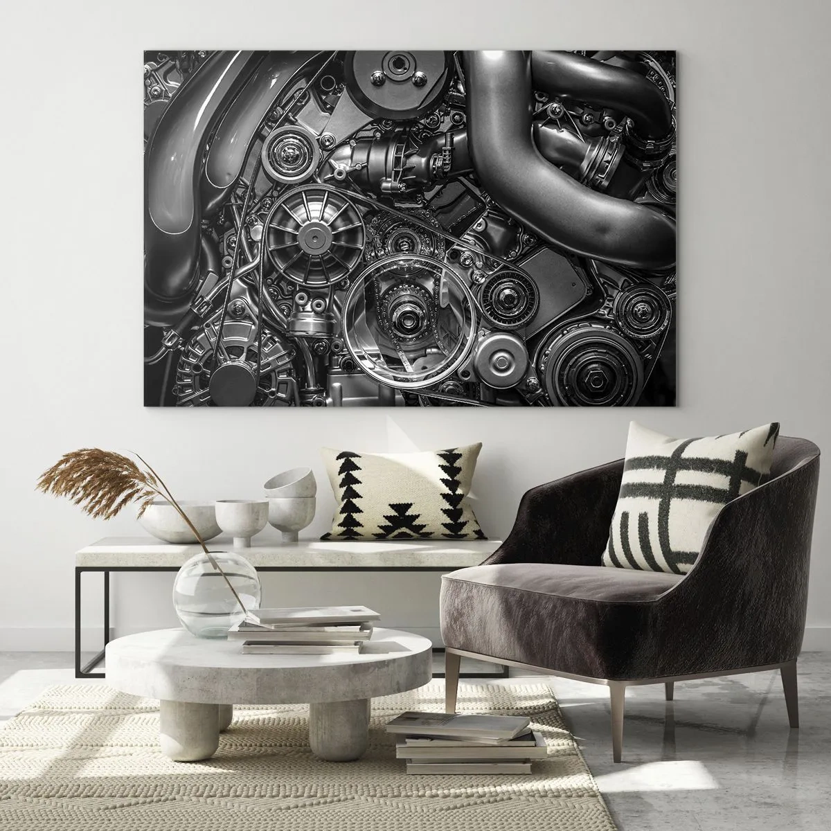 Obraz na szkle - Detal czarno-białego silnika z widocznymi mechanizmami - 70x50cm - Poezja mechaniki - Nowoczesna dekoracja ścienna do salonu i sypialni ARTTOR