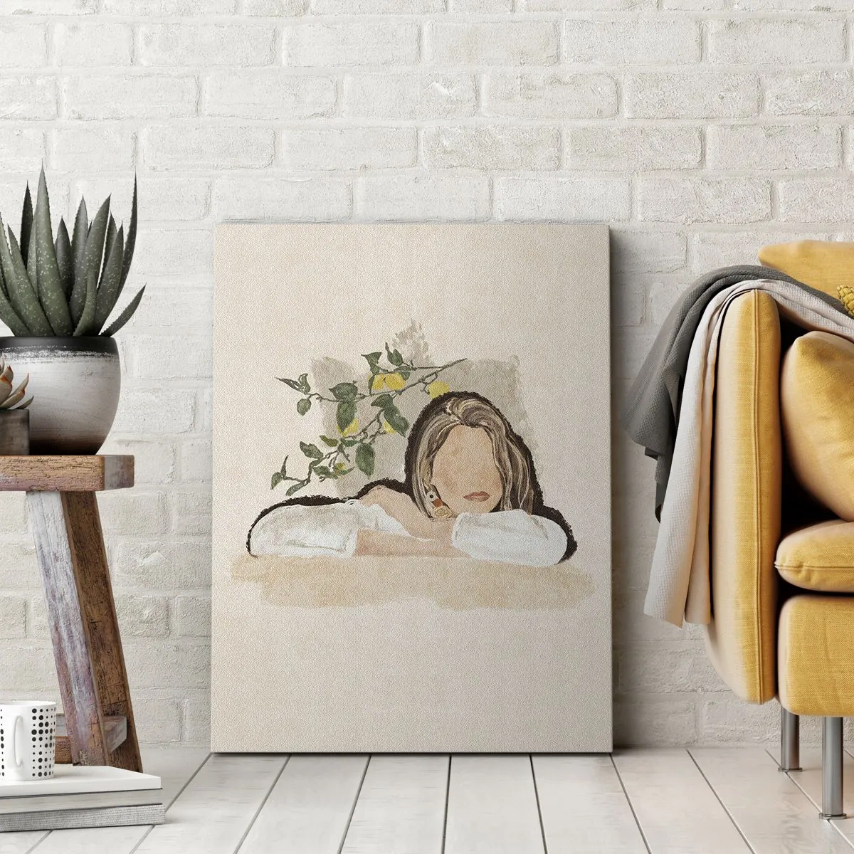 Obraz na płótnie - Minimalistyczny portret kobiety z cytrynowym drzewkiem w tle - 50x70cm - Piękność południa - Nowoczesna dekoracja ścienna do salonu, kuchni i sypialni ARTTOR
