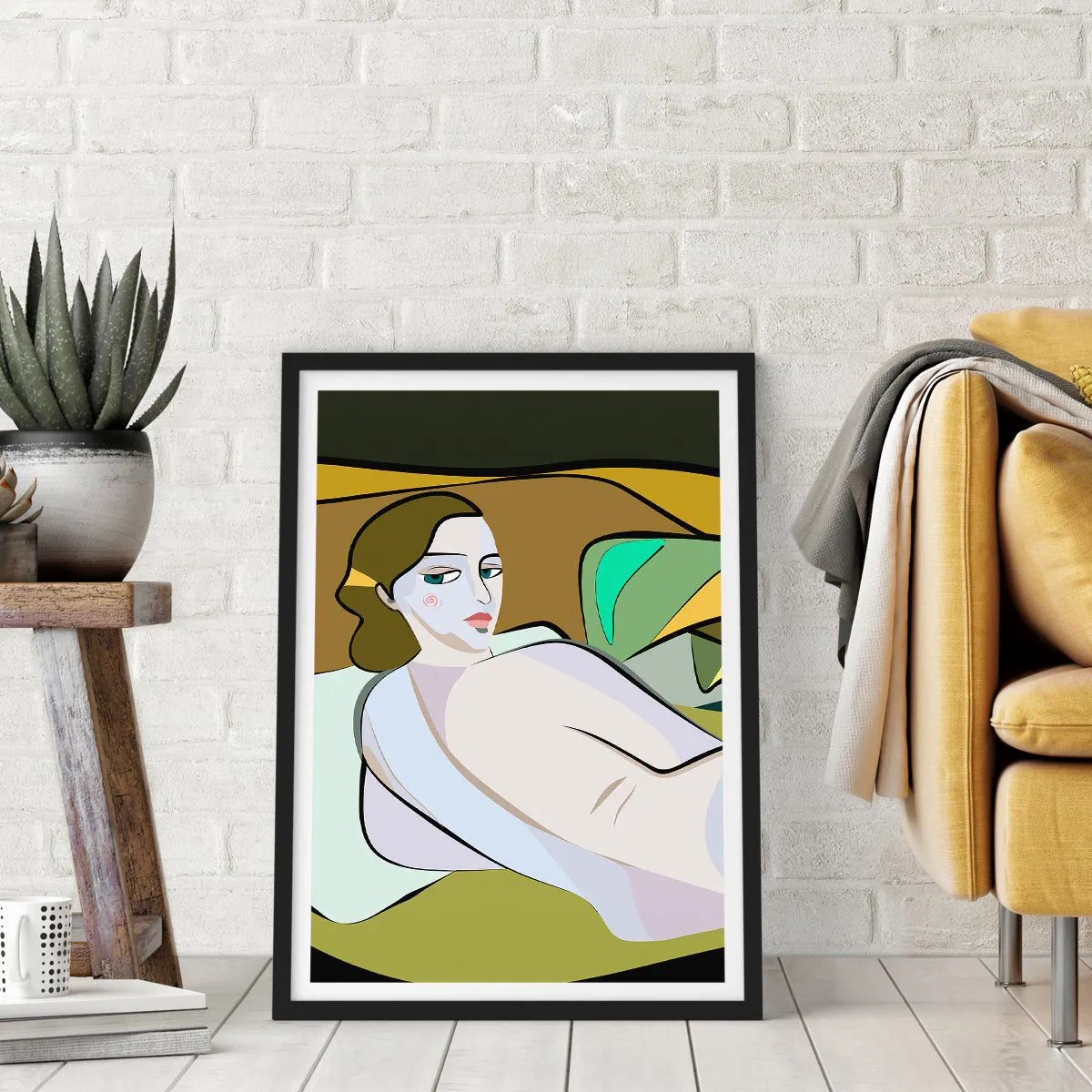 Plakat w czarnej ramie - Kobieta w abstrakcyjnym stylu na tle zieleni i brązu - 50x70cm - Portret intymny - Nowoczesna dekoracja ścienna do salonu i sypialni ARTTOR
