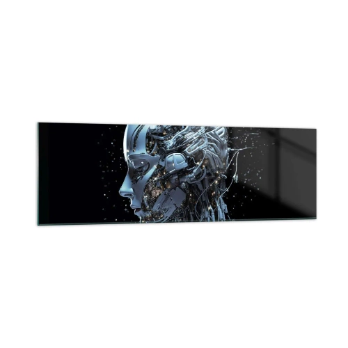 Obraz na szkle - Futurystyczny portret cyborga w industrialnym stylu na czarnym tle - 160x50cm - Technologia jest kobietą - Nowoczesna dekoracja ścienna do salonu i sypialni ARTTOR