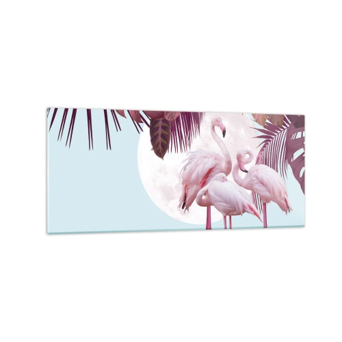 Obraz na szkle - Różowe flamingi na tle księżyca i tropikalnych liści - 120x50cm - Trzy ptasie gracje - Nowoczesna dekoracja ścienna do salonu i sypialni ARTTOR