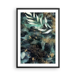 Plakat w czarnej ramie - Zielone liście i złote akcenty na ciemnym tle - 50x70cm - Zaczarowany ogród - Nowoczesna dekoracja ścienna do salonu i sypialni ARTTOR
