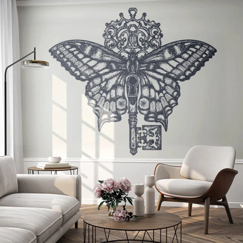 Fototapeta Standard Eco - Stylizowany motyl z kluczem w monochromatycznym wzorze - 100x70cm - Wszystkie tajemnice serca - Nowoczesna dekoracja ścienna do salonu i sypialni ARTTOR