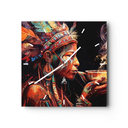 Zegar ścienny - Kolorowa postać w stylu etnicznym z filiżanką parującego napoju - 30x30cm - Magiczny rytuał - Nowoczesna dekoracja ścienna do salonu i sypialni ARTTOR