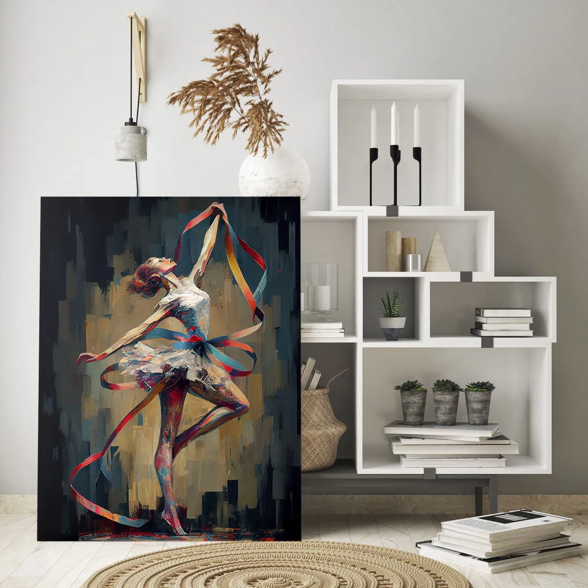 Obraz na szkle - Ekspresyjna baletnica tańcząca ze wstęgą w dynamicznej kompozycji - 80x120cm - Taniec ze wstęgą - Nowoczesna dekoracja ścienna do salonu i sypialni ARTTOR