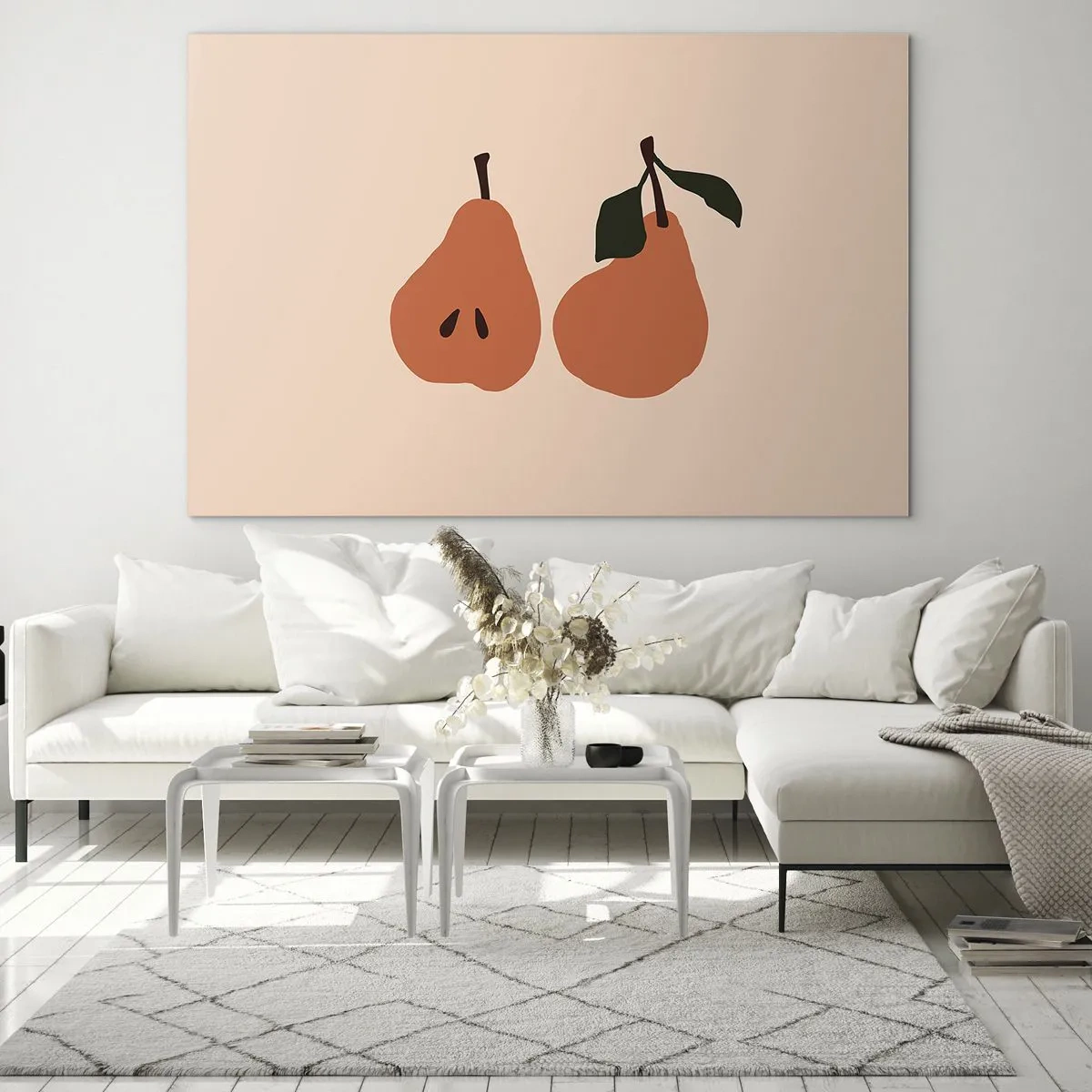 Obraz na szkle - Ilustracja dwóch gruszek na beżowym tle w stylu minimalistycznym - 100x70cm - Sama słodycz - Nowoczesna dekoracja ścienna do salonu, kuchni i sypialni ARTTOR