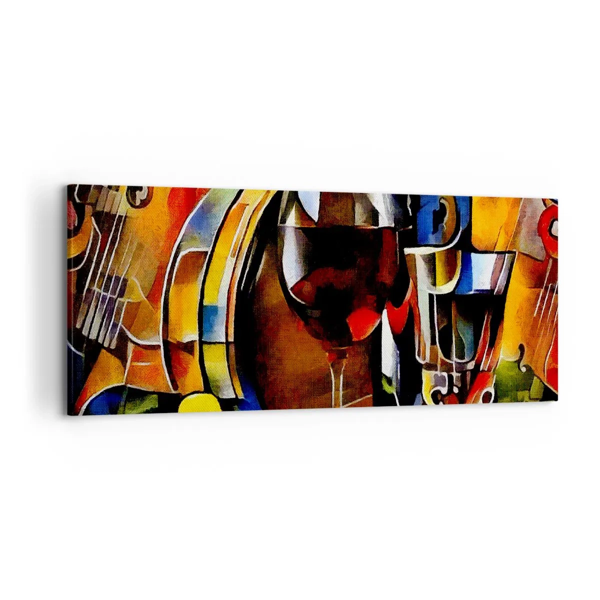 Obraz na płótnie - Abstrakcyjna martwa natura z kieliszkami i instrumentami - 120x50cm - I świat nabiera barw - Nowoczesna dekoracja ścienna do salonu i sypialni ARTTOR
