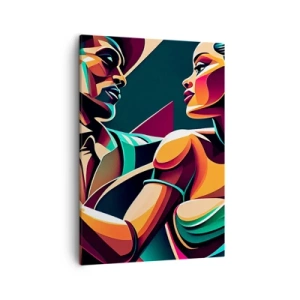 Obraz na płótnie - Abstrakcyjny portret pary w dynamicznych, neonowych barwach - 50x70cm - W rytmie serca - Nowoczesna dekoracja ścienna do salonu, kuchni i sypialni ARTTOR