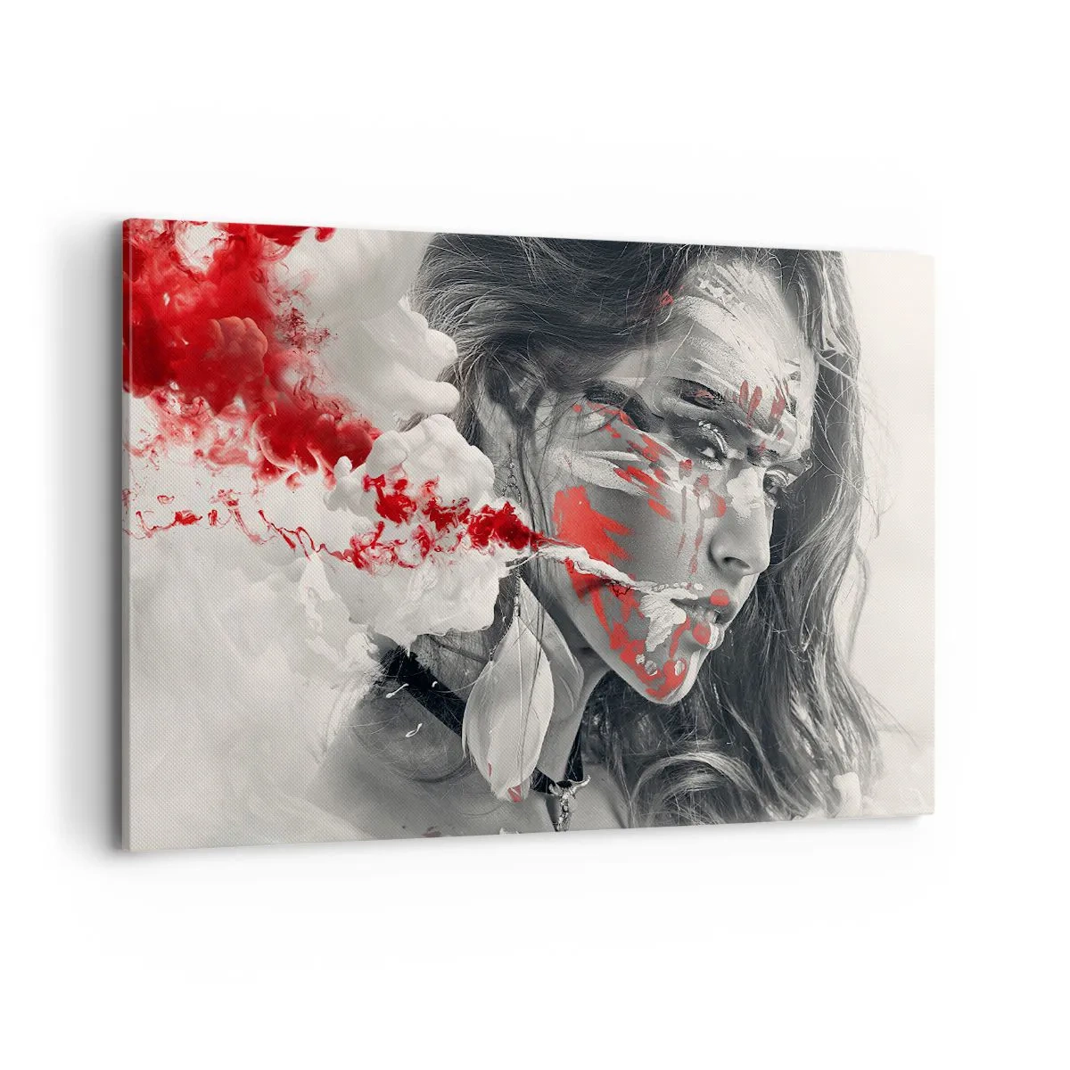 Obraz na płótnie - Artystyczny portret kobiety z abstrakcyjnymi czerwonymi akcentami - 120x80cm - W oparach absurdu - Nowoczesna dekoracja ścienna do salonu, kuchni i sypialni ARTTOR