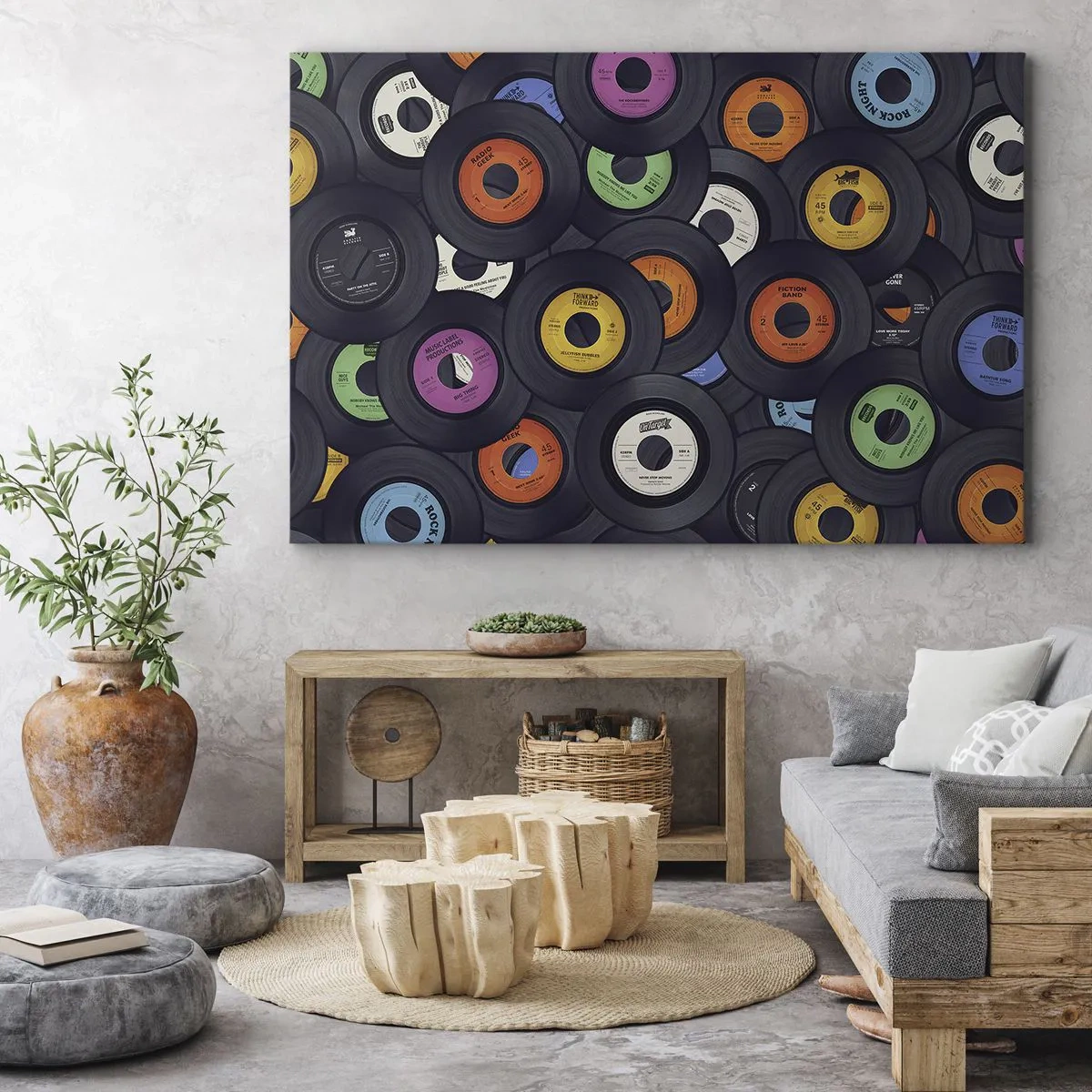 Obraz na płótnie - Kolorowe winyle ułożone jeden na drugim - 70x50cm - Kolory klasyki - Nowoczesna dekoracja ścienna do salonu i sypialni ARTTOR