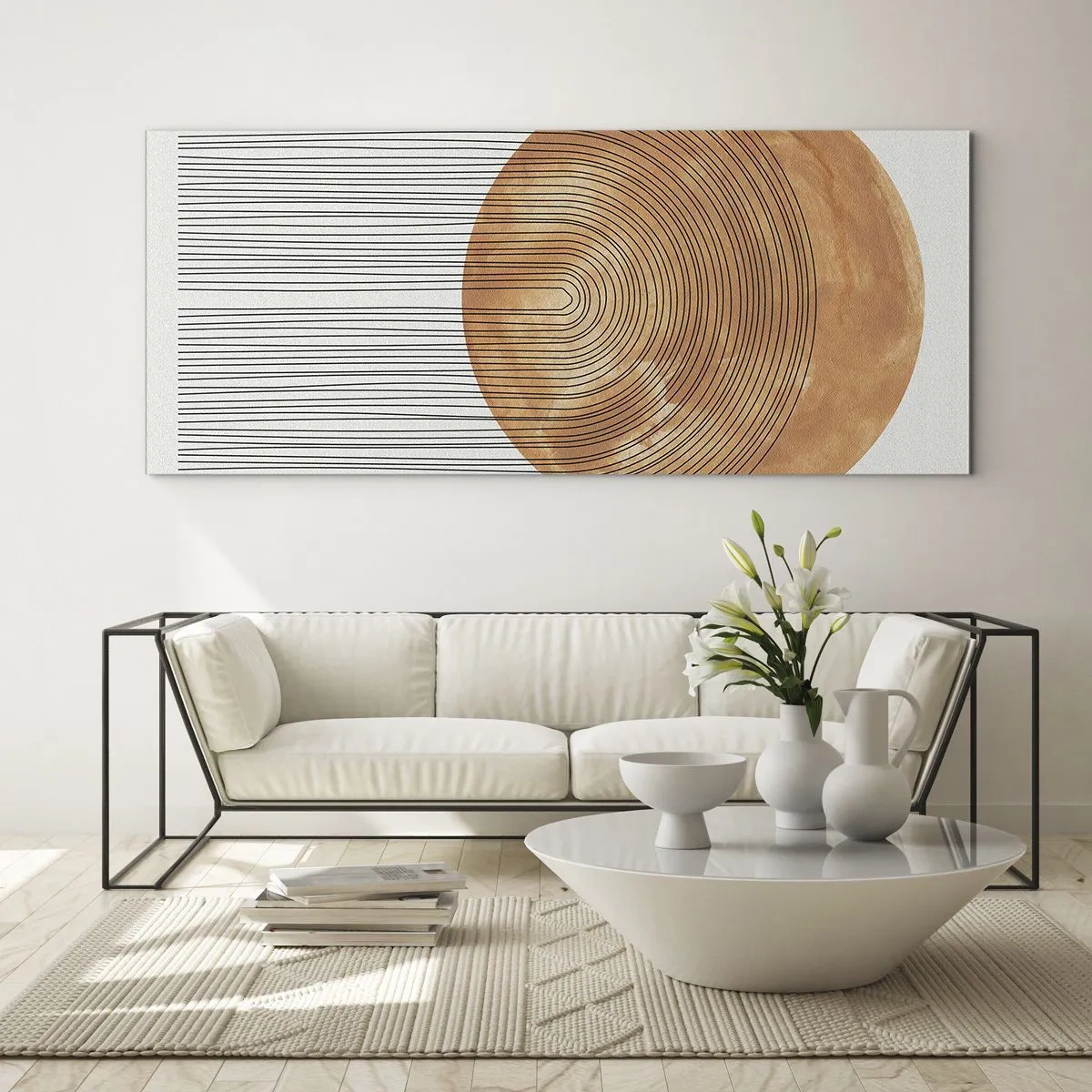 Obraz na szkle - Geometryczna kompozycja z okręgiem i liniami w ciepłych barwach - 140x50cm - Kompozycja słoneczna - Nowoczesna dekoracja ścienna do salonu i sypialni ARTTOR