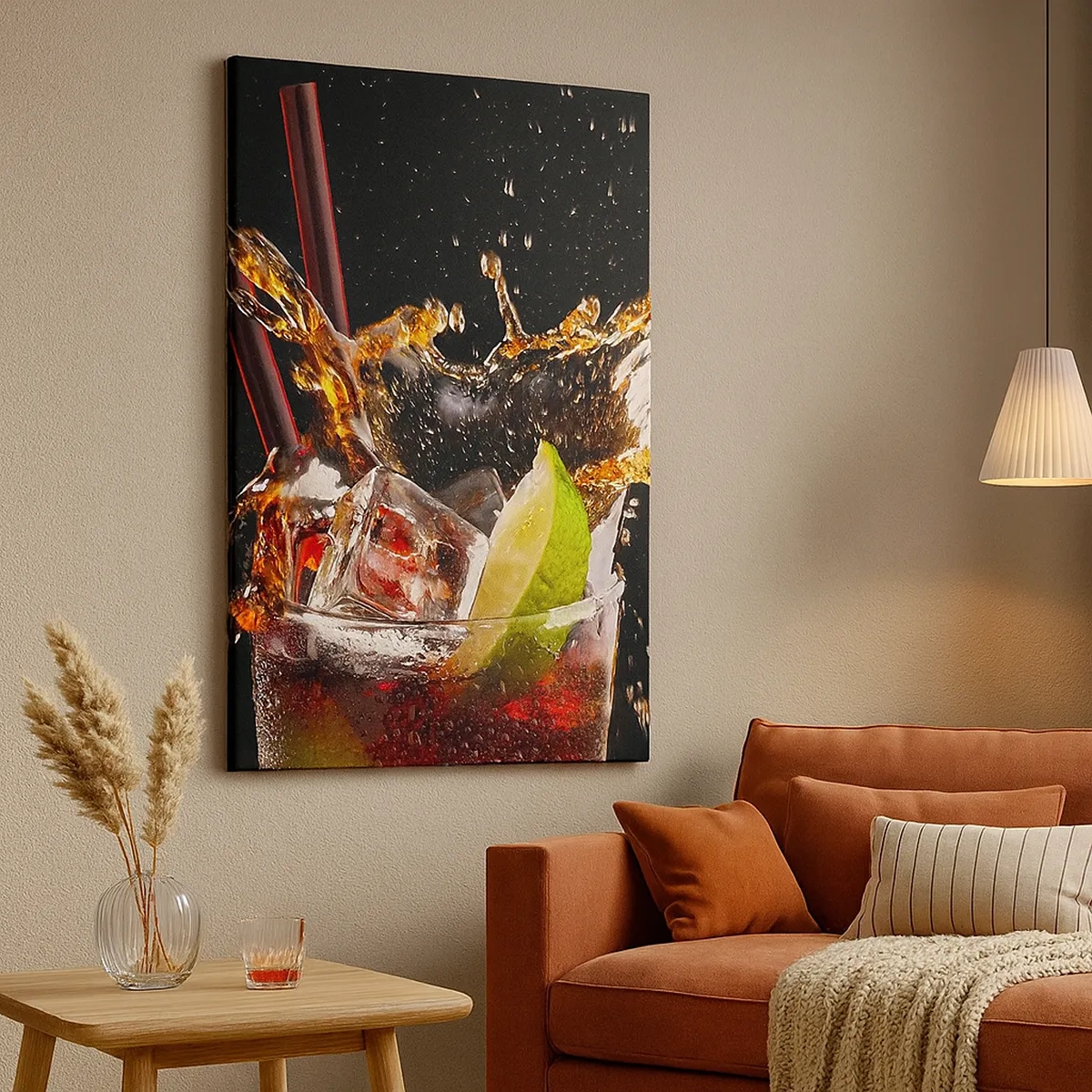 Obraz na płótnie - Drink z lodem i limonką z rozpryskującą się wodą - 50x70cm - Radość i energia kolorów - Nowoczesna dekoracja ścienna do salonu, kuchni i sypialni ARTTOR
