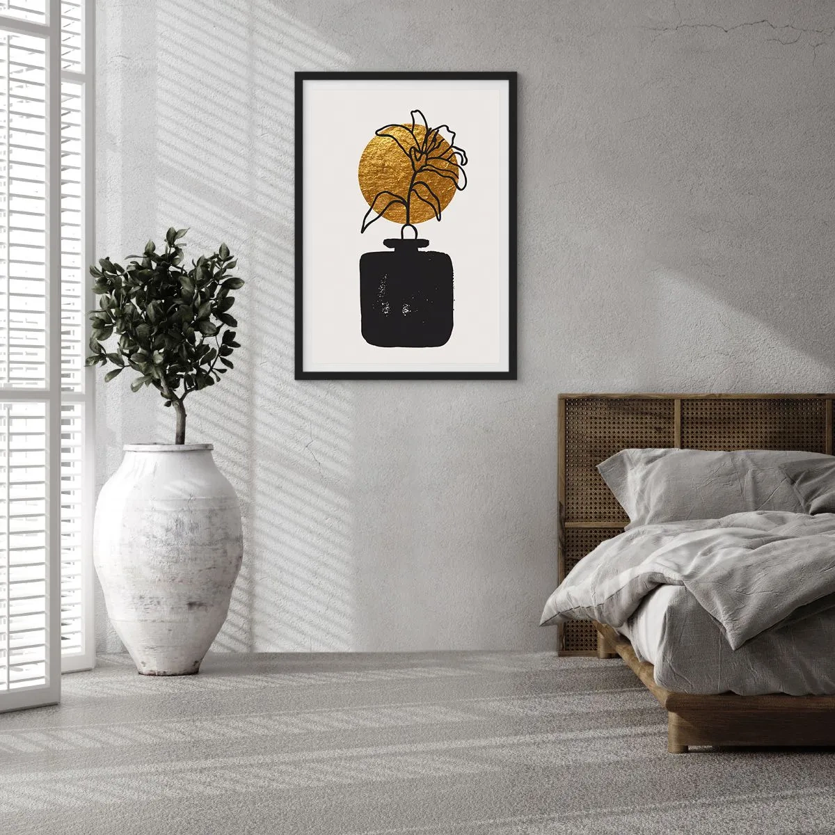 Plakat w czarnej ramie - Abstrakcyjna kompozycja z kwiatem i złotym kołem - 50x70cm - Piękno na wagę złota - Nowoczesna dekoracja ścienna do salonu i sypialni ARTTOR