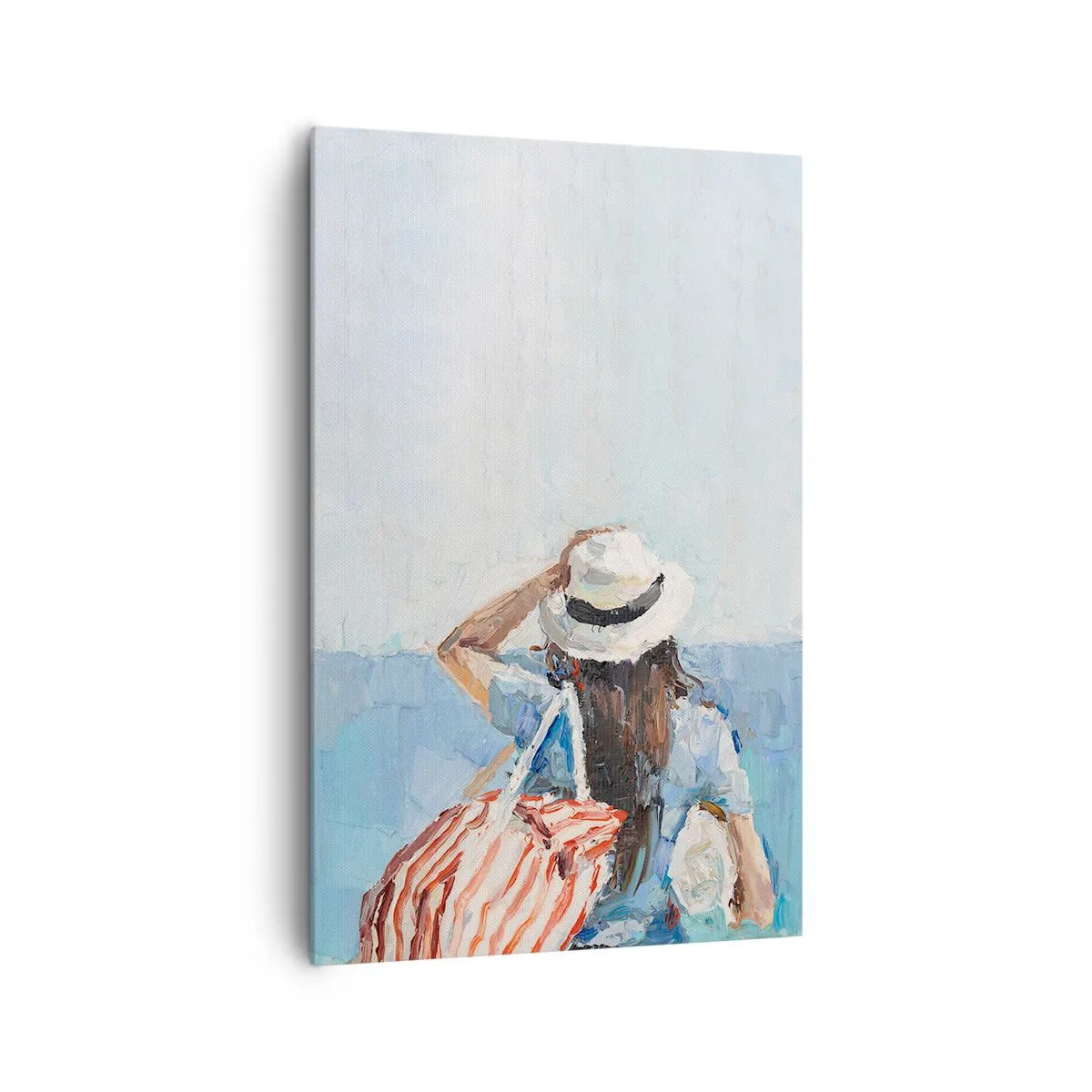 Obraz na płótnie - Kobieta w kapeluszu na tle błękitnego morza - 80x120cm - Witaj na wakacjach - Nowoczesna dekoracja ścienna do salonu i sypialni ARTTOR