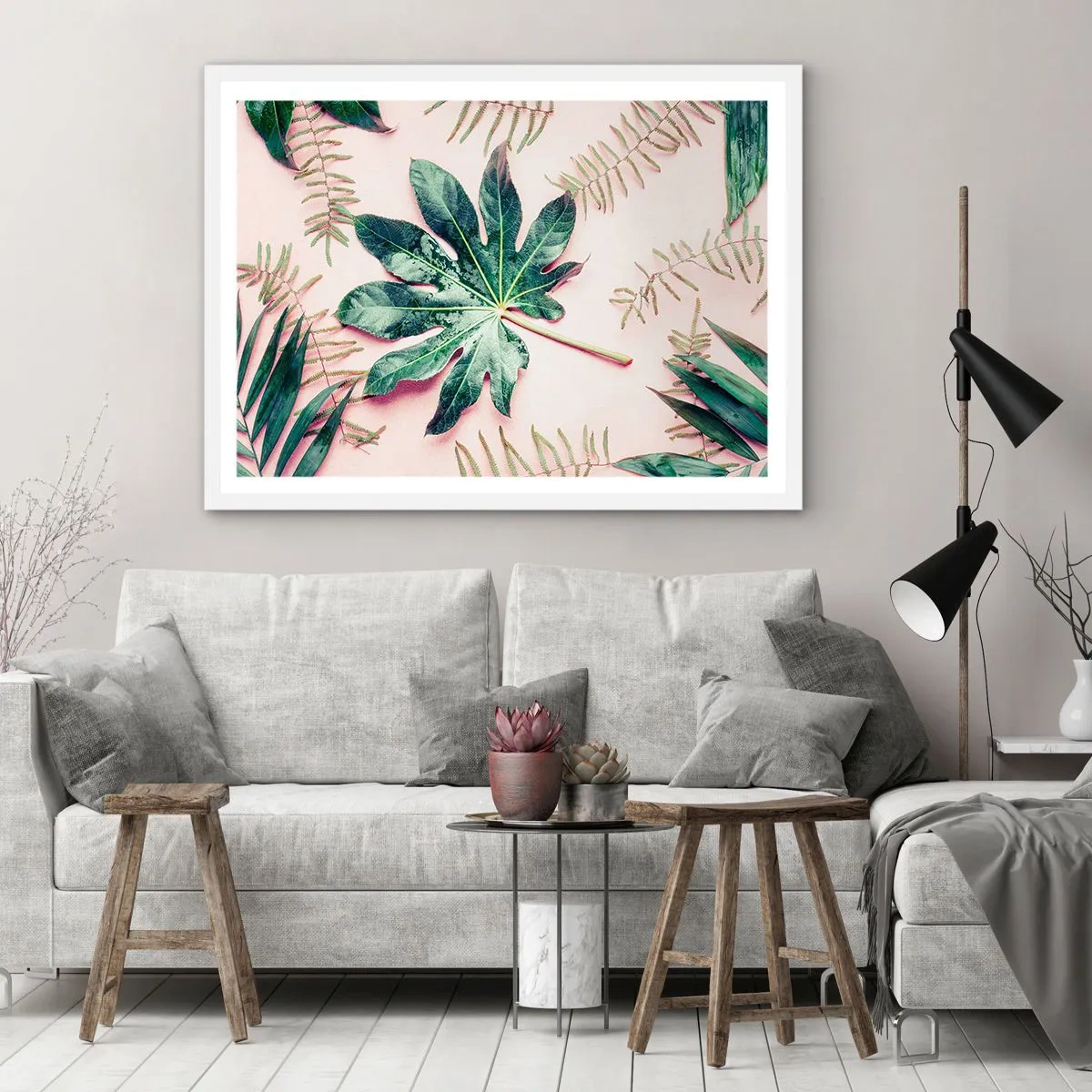 Plakat w białej ramie - Studium zieleni na różowym tle - 100x70 cm