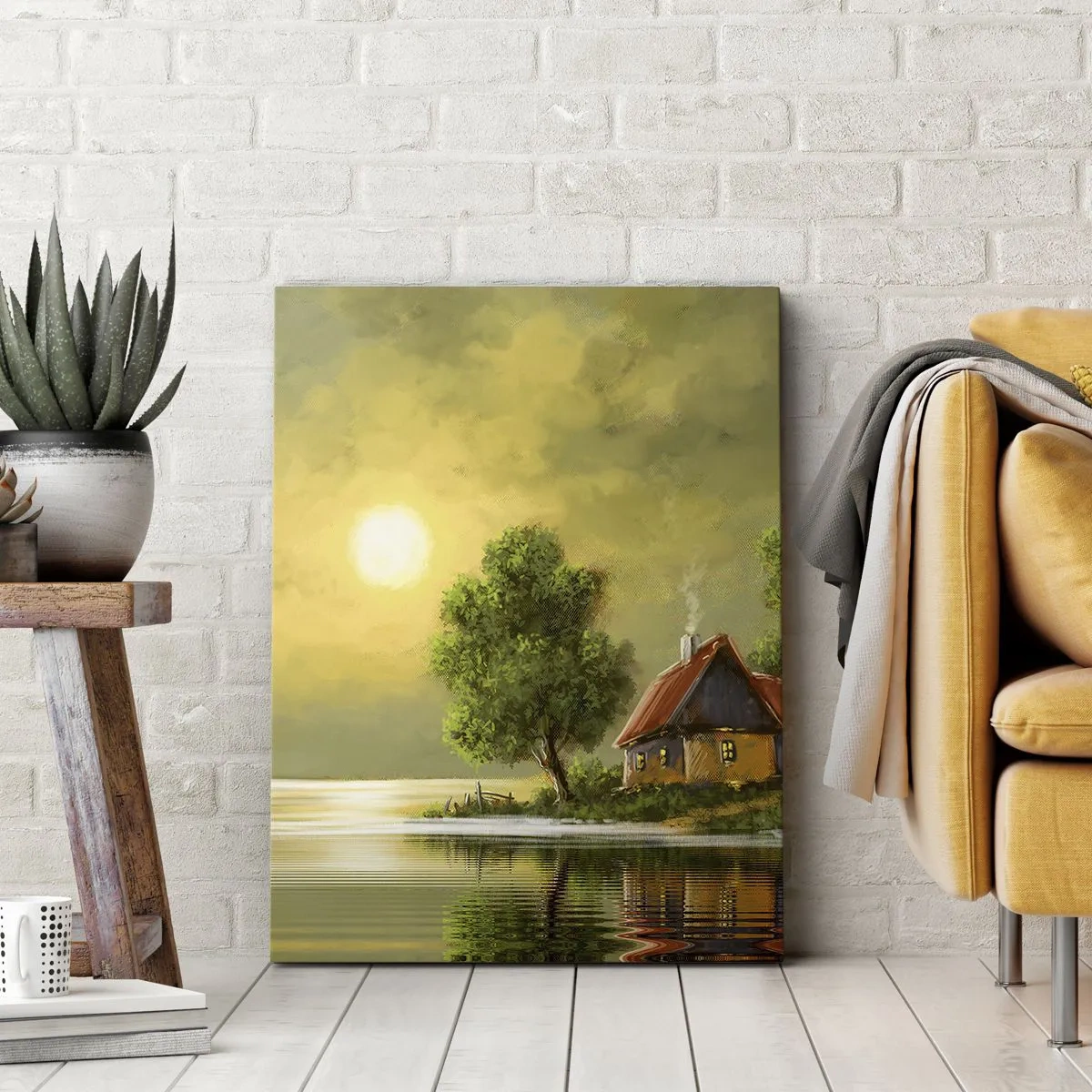 Obraz na płótnie - Domek nad jeziorem o zachodzie słońca - 50x70cm - Pięknie, jak z obrazka - Nowoczesna dekoracja ścienna do salonu, kuchni i sypialni ARTTOR