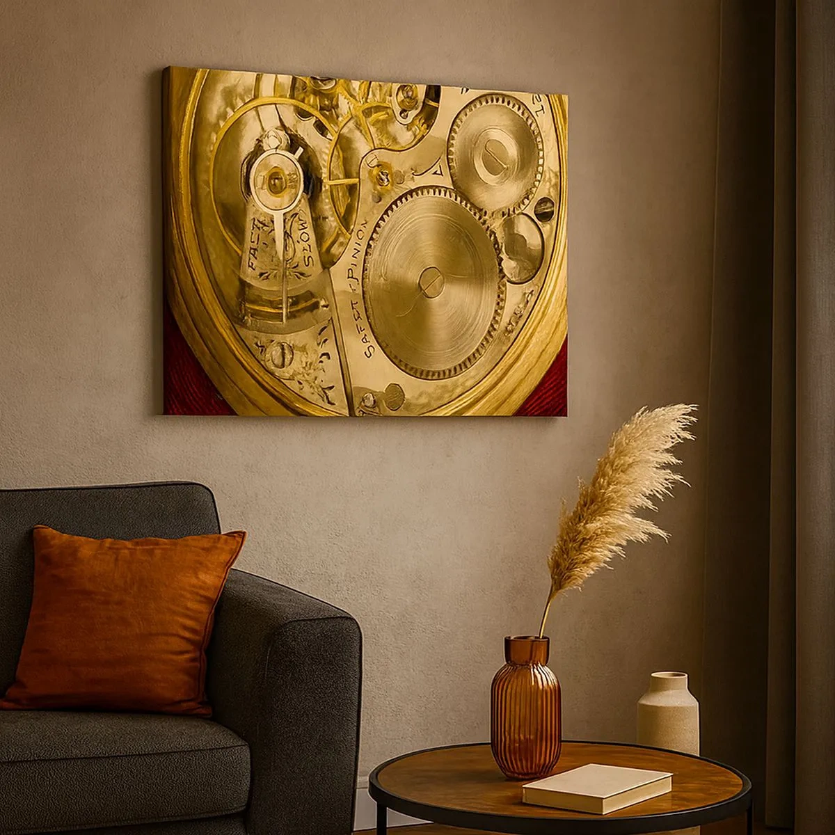 Obraz na płótnie - Mechanizm zegarka z widocznymi zębatkami i detalami - 70x50cm - Idź z duchem czasu - Nowoczesna dekoracja ścienna do salonu i sypialni ARTTOR