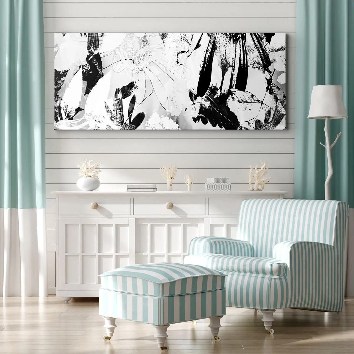 Obraz na płótnie - Czarno-białe abstrakcyjne kwiaty w minimalistycznym stylu - 140x50cm - Jesień w negatywie - Nowoczesna dekoracja ścienna do salonu i sypialni ARTTOR