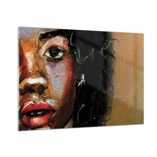 Obraz na szkle - Fragment kolorowego portretu kobiety w stylu malarskim - 100x70cm - Czerń i blask - Nowoczesna dekoracja ścienna do salonu, kuchni i sypialni ARTTOR