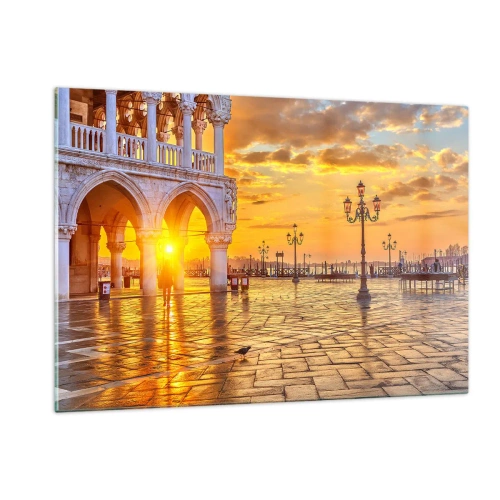 Obraz na szkle - Wschód słońca nad arkadami i placem - 120x80cm - Gdzie są wszyscy? - Nowoczesna dekoracja ścienna do salonu, kuchni i sypialni ARTTOR