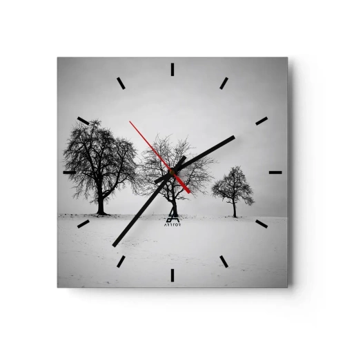Zegar ścienny - Trzy drzewa na zaśnieżonym polu w monochromatycznym stylu - 30x30cm - O czym śnią? - Nowoczesna dekoracja ścienna do salonu i sypialni ARTTOR