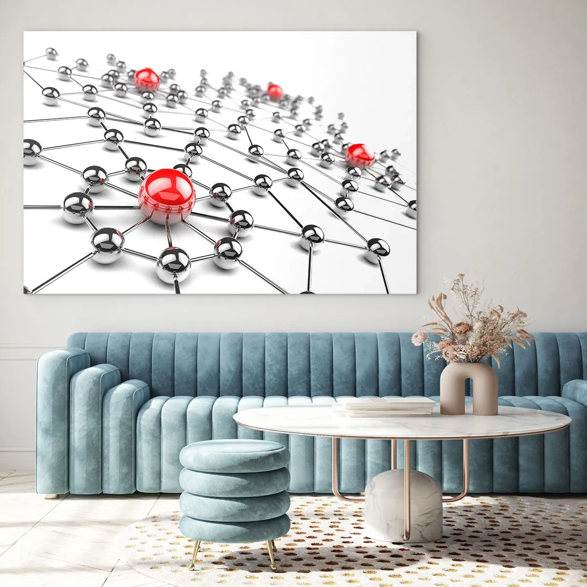 Obraz na szkle - Srebrna sieć molekuł z czerwonymi akcentami - 70x50cm - Srebrzysta sieć - Nowoczesna dekoracja ścienna do salonu i sypialni ARTTOR