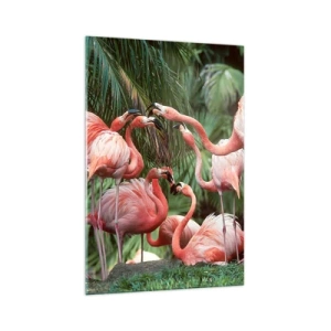 Obraz na szkle - Grupa flamingów w tropikalnym otoczeniu palm - 70x100cm - Popołudniowe ploteczki - Nowoczesna dekoracja ścienna do salonu i sypialni ARTTOR
