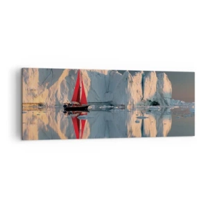 Obraz na płótnie - Żaglówka z czerwonym żaglem na tle lodowca - 140x50cm - Na krańcu świata - Nowoczesna dekoracja ścienna do salonu i sypialni ARTTOR