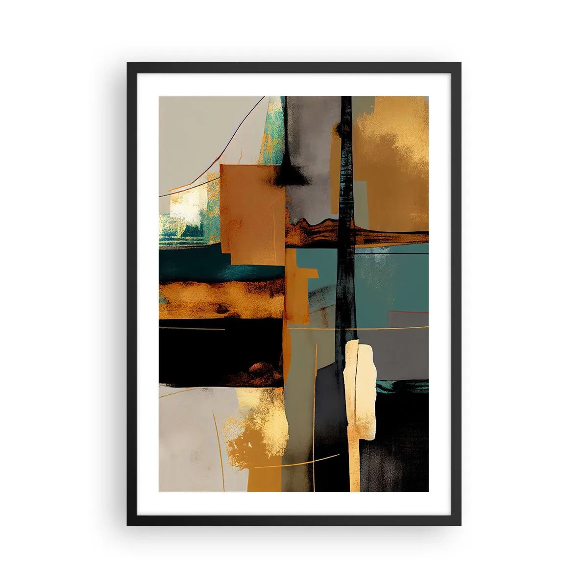Plakat w czarnej ramie - Abstrakcja – światło i cień - Abstrakcyjna kompozycja w odcieniach złota i turkusu - 50x70cm