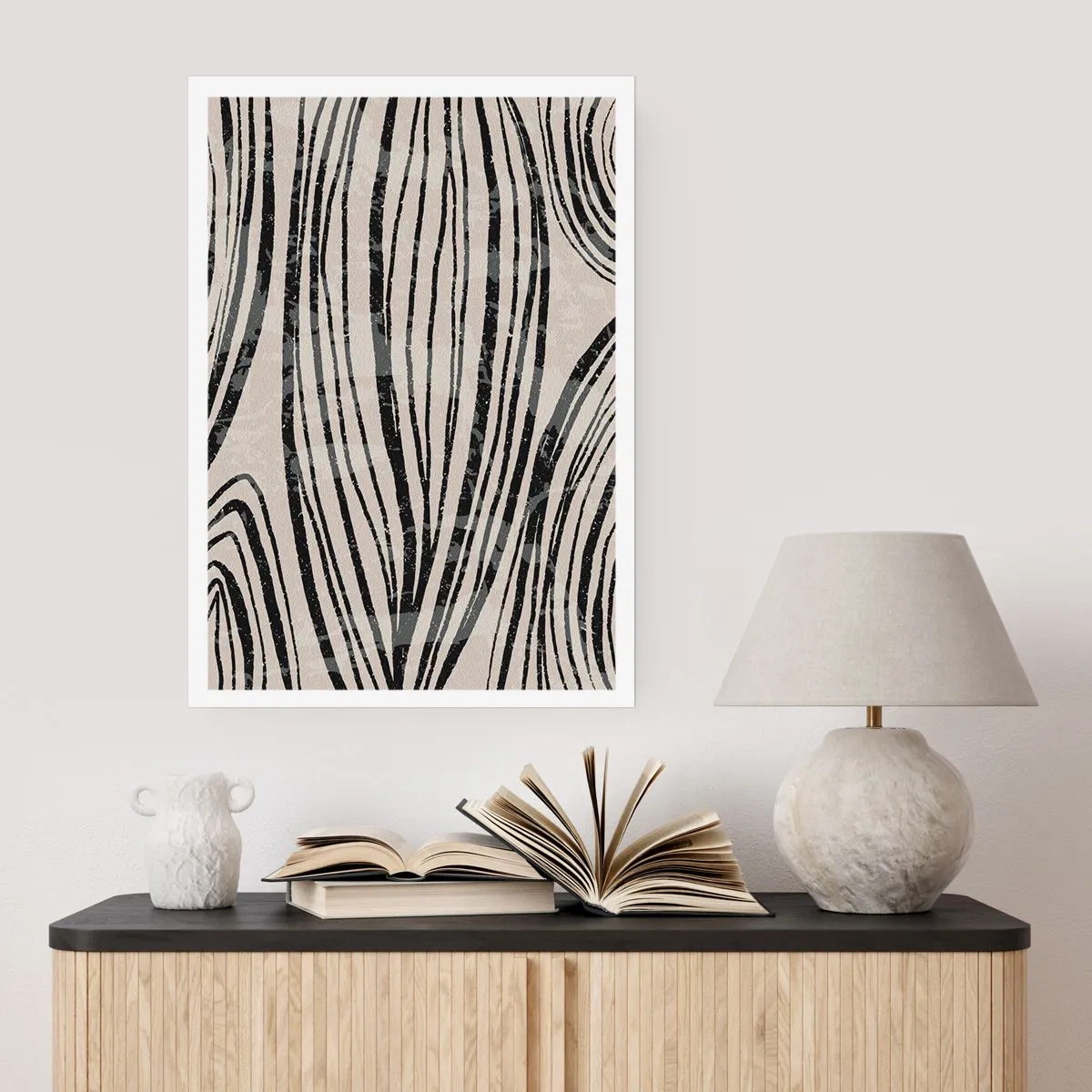 Plakat - Abstrakcyjne czarne linie na beżowym tle - 50x70cm - Rozlewisko linii - Nowoczesna dekoracja ścienna do salonu, kuchni i sypialni ARTTOR