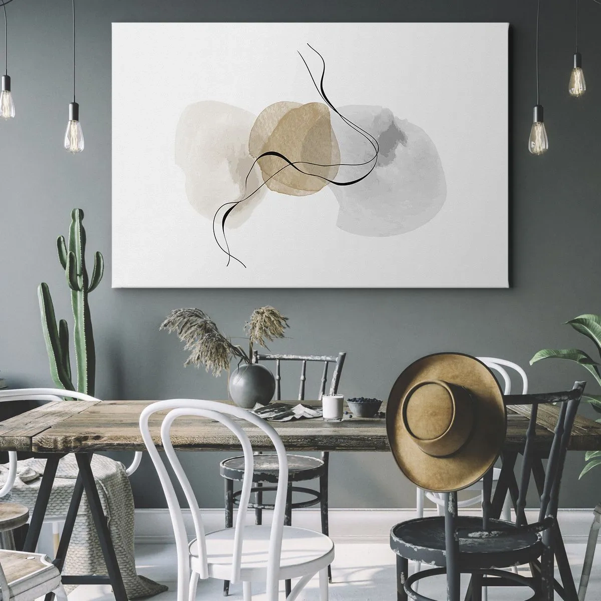 Obraz na płótnie - Minimalistyczna abstrakcja w odcieniach beżu i szarości - 70x50cm - Powietrzne paciorki - Nowoczesna dekoracja ścienna do salonu i sypialni ARTTOR