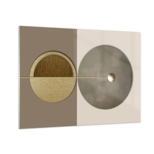 Obraz na szkle - Złote koła i linia w harmonijnej kompozycji - 70x50cm - Doskonała równowaga - Nowoczesna dekoracja ścienna do salonu i sypialni ARTTOR