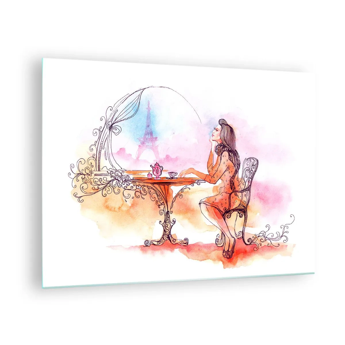 Obraz na szkle - Kobieta przy stoliku z widokiem na Wieżę Eiffla w pastelowej tonacji - 70x50cm - Paryski szyk - Nowoczesna dekoracja ścienna do salonu i sypialni ARTTOR