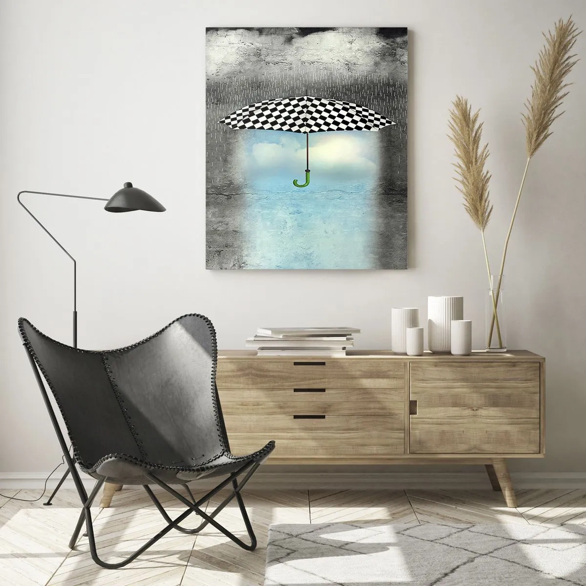 Obraz na szkle - Parasol w czarno-białą kratę na tle deszczu i chmur - 50x70cm - A jednak możliwe - Nowoczesna dekoracja ścienna do salonu, kuchni i sypialni ARTTOR