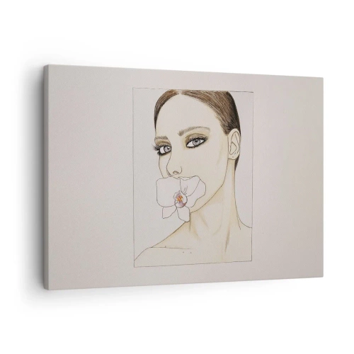 Obraz na płótnie - Portret kobiety z orchideą w delikatnych barwach - 70x50cm - Symbol elegancji i piękna - Nowoczesna dekoracja ścienna do salonu i sypialni ARTTOR