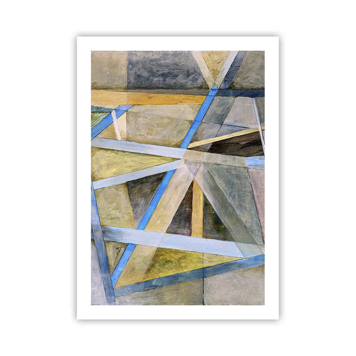 Plakat - Geometryczna abstrakcja z odcieniami niebieskiego i złotego - 50x70cm - Na wprost czy na skos? - Nowoczesna dekoracja ścienna do salonu, kuchni i sypialni ARTTOR