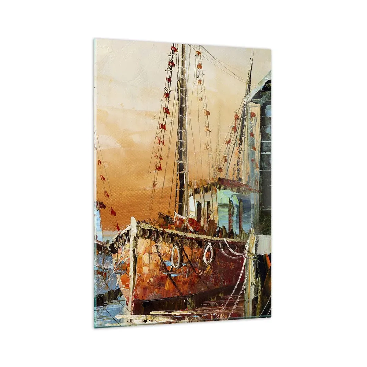 Obraz na szkle - Łodzie przy brzegu w ciepłym świetle zachodu słońca - 80x120cm - Spokojny powrót - Nowoczesna dekoracja ścienna do salonu i sypialni ARTTOR