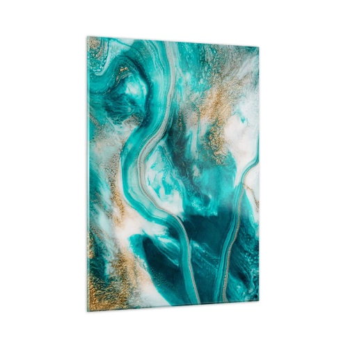 Obraz na szkle - Abstrakcyjna kompozycja w turkusie z akcentami złota - 50x70cm - Rzeka złota - Nowoczesna dekoracja ścienna do salonu, kuchni i sypialni ARTTOR