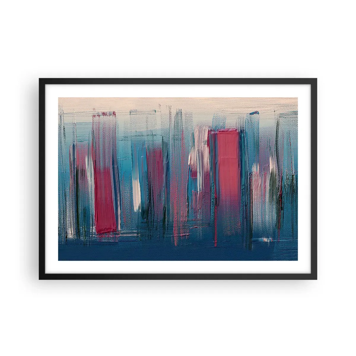 Plakat w czarnej ramie - Abstrakcyjne pionowe formy w odcieniach błękitu i czerwieni - 70x50cm - Kompozycja wertykalna w błękicie i czerwieni - Nowoczesna dekoracja ścienna do salonu i sypialni ARTTOR