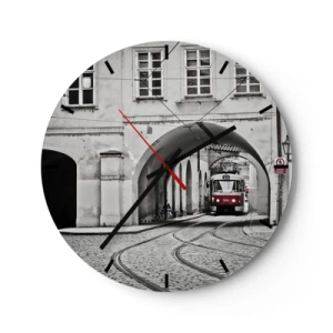 Zegar ścienny - Tramwaj przejeżdżający przez łuk w monochromatycznym stylu - 30x30cm - Przez miejski labirynt - Nowoczesna dekoracja ścienna do salonu, kuchni i sypialni ARTTOR