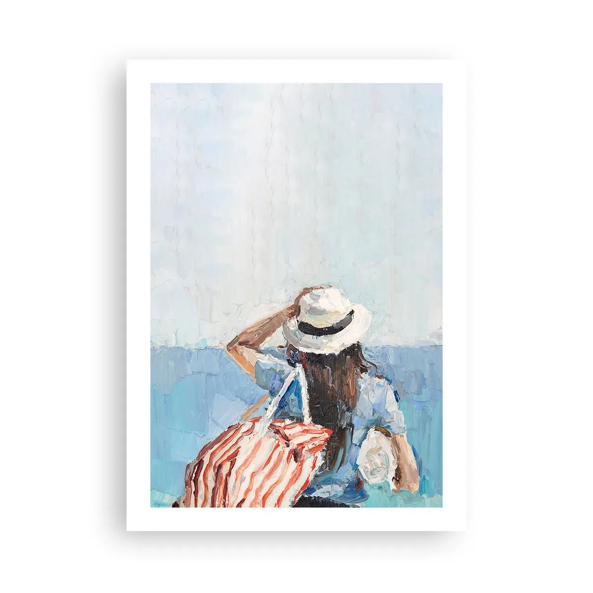 Plakat - Kobieta w kapeluszu spoglądająca na morze - 50x70cm - Witaj na wakacjach - Nowoczesna dekoracja ścienna do salonu, kuchni i sypialni ARTTOR