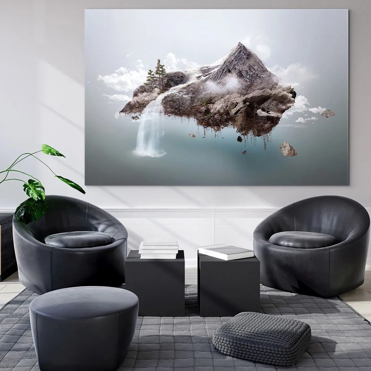 Obraz na szkle - Latająca górska wyspa z wodospadem w surrealistycznym stylu - 70x50cm - Okiem surrealisty - Nowoczesna dekoracja ścienna do salonu i sypialni ARTTOR