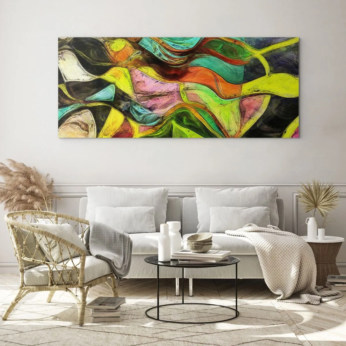 Obraz na szkle - Abstrakcyjna kompozycja z barwnymi plamami i dynamicznymi liniami - 160x50cm - Ruch to życie - Nowoczesna dekoracja ścienna do salonu i sypialni ARTTOR