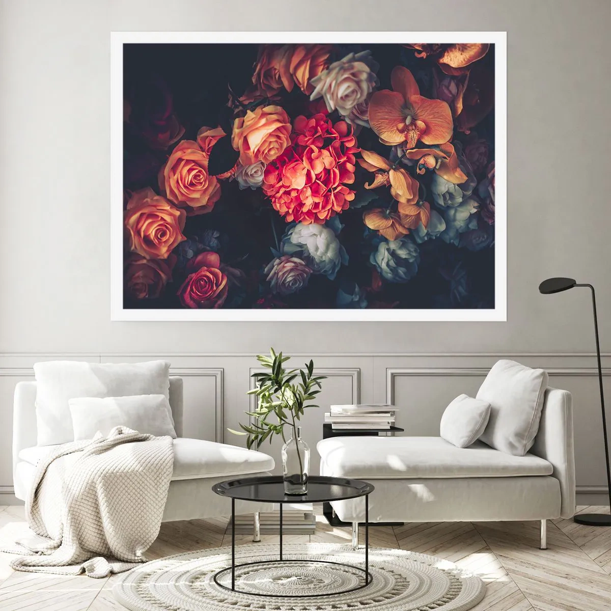 Plakat - Bukiet różnorodnych kwiatów w ciemnej tonacji - 100x70cm - Jak u holenderskich mistrzów - Nowoczesna dekoracja ścienna do salonu i sypialni ARTTOR