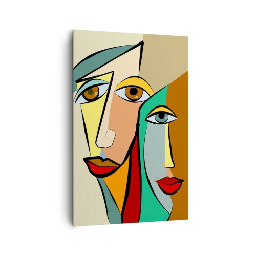 Obraz na płótnie - Abstrakcyjne portrety dwóch twarzy w stylu kubistycznym - 80x120cm - Kubistyczna para - Nowoczesna dekoracja ścienna do salonu i sypialni ARTTOR