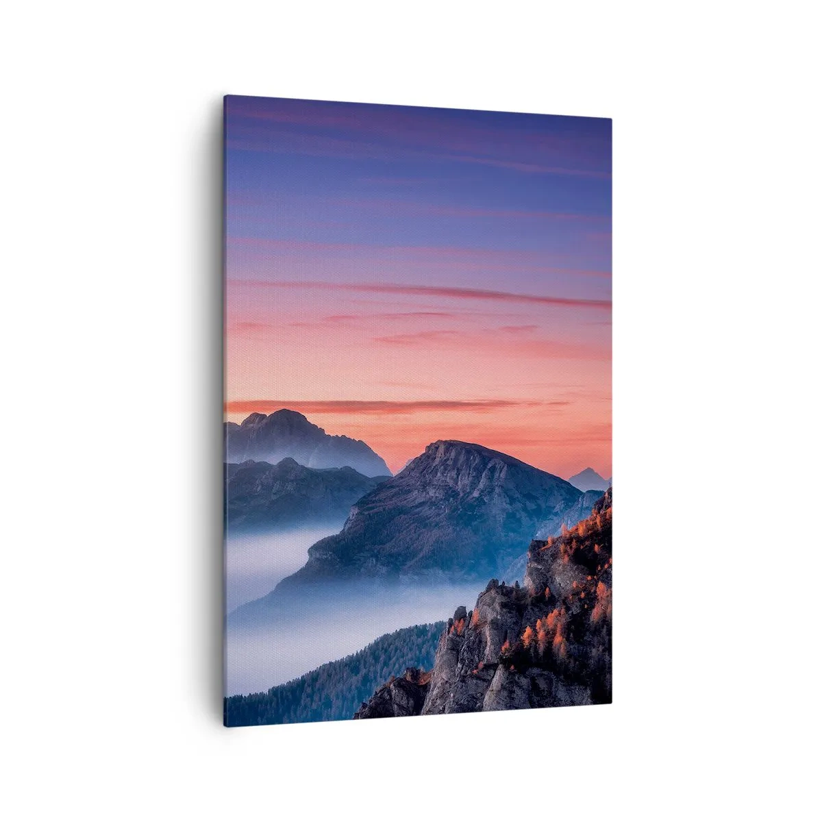 Obraz na płótnie - Górski krajobraz o wschodzie słońca z mgłami w dolinach - 70x100cm - Nad dolinami - Nowoczesna dekoracja ścienna do salonu i sypialni ARTTOR